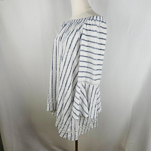 Ali Miles Striped Top Large Off-Shoulder White Navy Bell Sleeve Boho - Picture 3 of 11